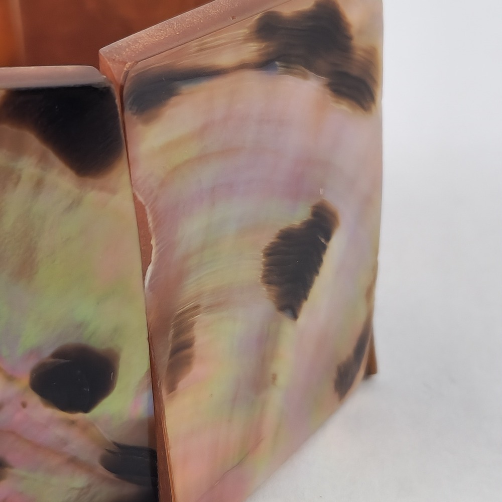Vintage Mother of Pearl Shell Stretch Cuff Bracelet Iridescent Brown Wide Panel - Picture 7 of 12